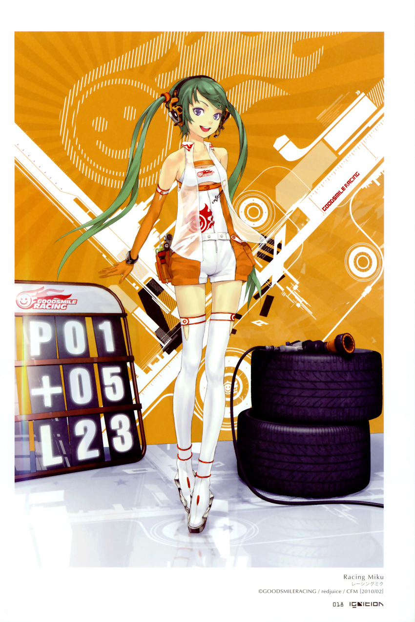 absurdres bare_shoulders blue_eyes elbow_gloves gloves goodsmile_company green_hair hatsune_miku headphones highres legs long_hair open_mouth race_queen racequeen redjuice see-through shorts smile solo thigh-highs thighhighs tire tires twintails very_long_hair vest vocaloid white_legwear white_thighhighs