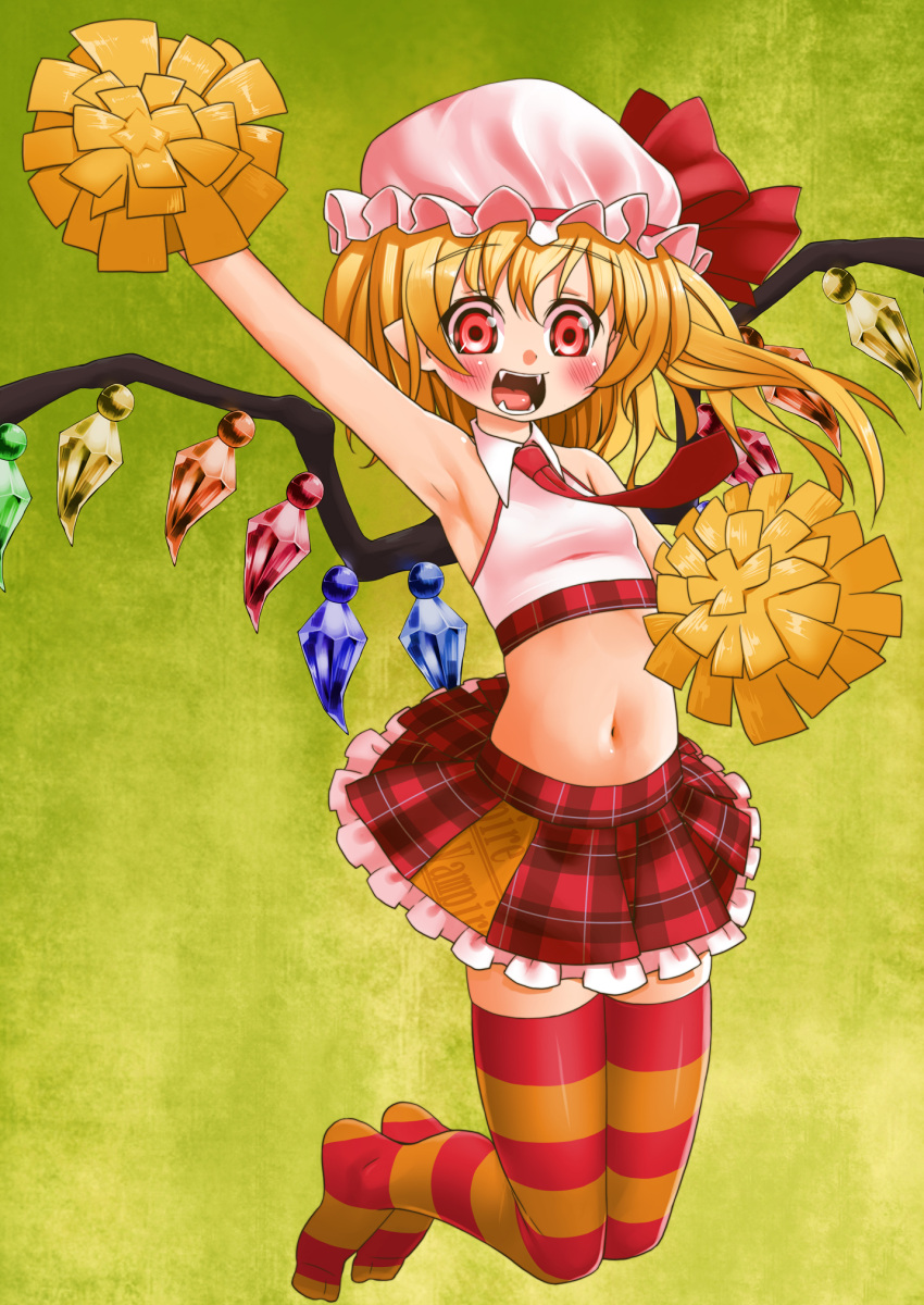 :3 a and armpits blonde_hair blush cheerleader fangs flandre_scarlet hat highres midriff multicolored_legwear navel necktie pointy_ears pom_poms ponytail red_eyes short_hair side_ponytail solo striped striped_legwear striped_thighhighs tail thigh-highs thighhighs touhou wings zettai_ryouiki