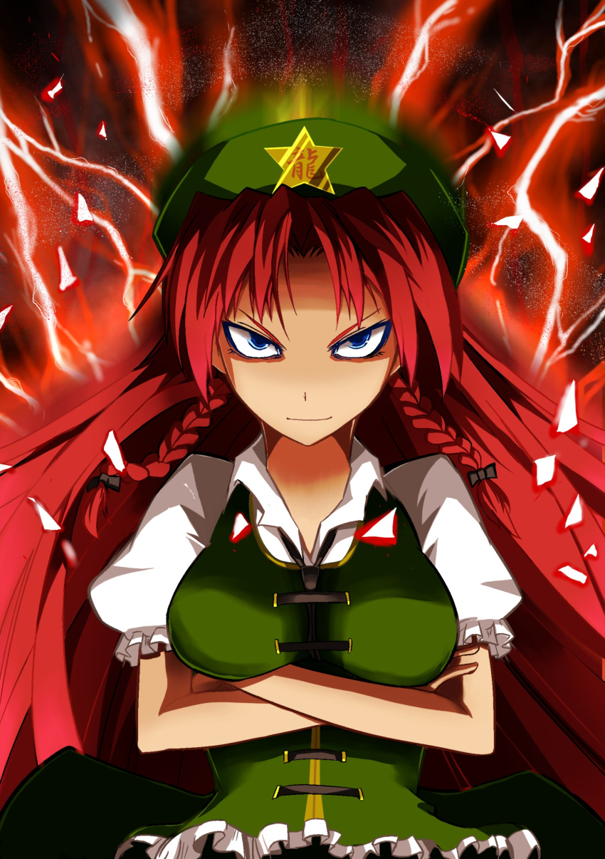 absurdres blue_eyes braid breasts china_dress chinese_clothes crossed_arms electricity ex-meiling hat highres hong_meiling long_hair re_mortal red_eyes red_hair redhead serious solo touhou twin_braids