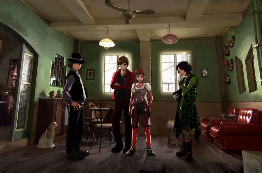 1girl 3boys ashi_ura backlighting black_footwear black_hair black_pants black_vest boots brown_hair ceiling ceiling_fan ceiling_light chair clipboard couch crossed_arms curtains dog door green_shirt hand_on_hip hat hidari_shoutarou holding indoors jacket kamen_rider kamen_rider_w legs_apart long_sleeves looking_at_viewer multiple_boys narumi_akiko necktie open_clothes open_jacket pants philip_(kamen_rider) photo_(object) picture_frame pipe plant polka_dot potted_plant red_jacket red_pants room shadow shirt shoes short_sleeves shorts smile sneakers standing statue stool table terui_ryuu vest window wooden_floor
