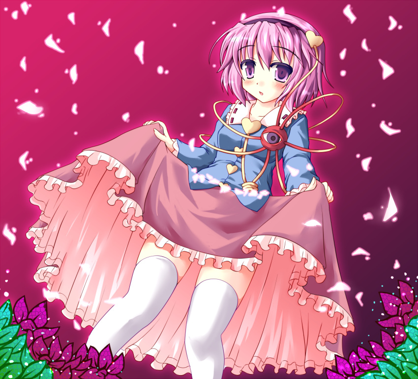 flower hairband heart highres hiiragi_tomoka komeiji_satori long_skirt pink_hair purple_eyes purple_hair short_hair skirt skirt_lift solo thigh-highs thighhighs third_eye touhou violet_eyes