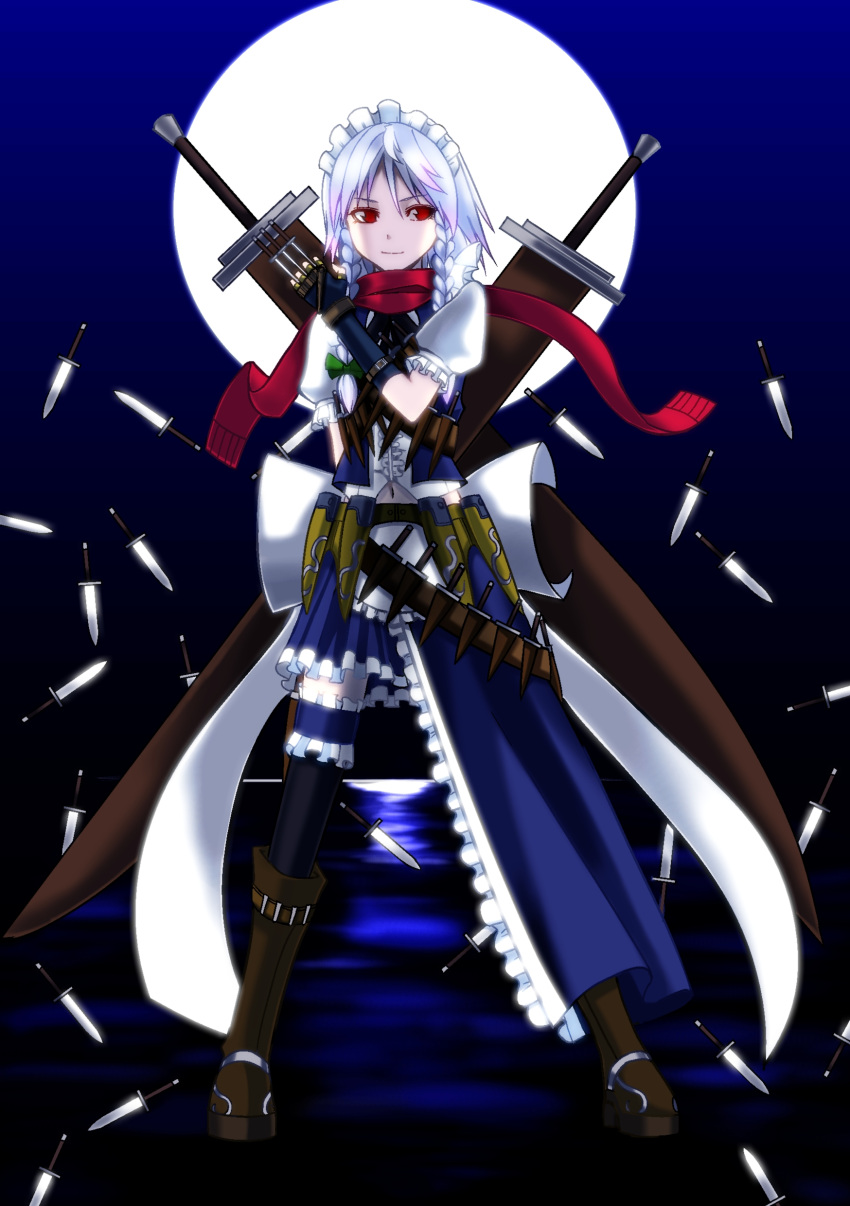 absurdres braid highres izayoi_sakuya knife maid moon re_mortal red_eyes solo sword touhou twin_braids weapon