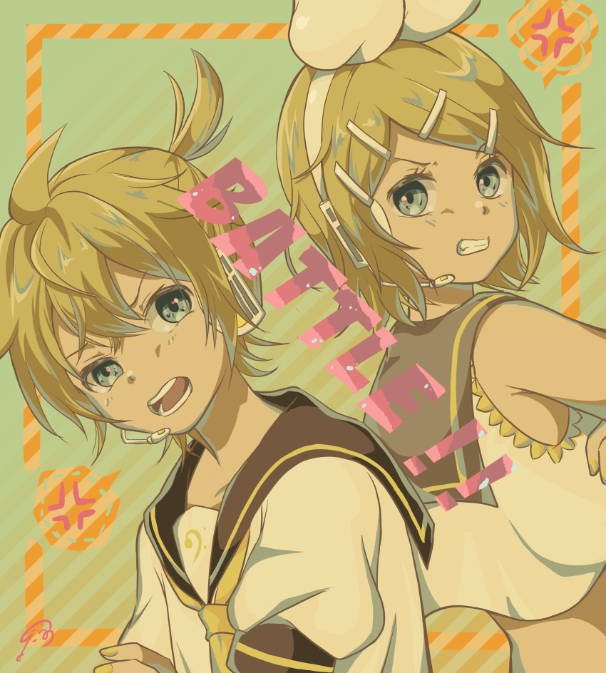 1boy 1girl absurdres anger_vein aqua_eyes arguing back-to-back bangs bare_shoulders bass_clef black_collar blonde_hair bow clenched_teeth collar collared_shirt crop_top crossed_arms english_text frown grey_collar hair_bow hair_ornament hairclip headphones headset highres kagamine_len kagamine_rin looking_at_another looking_back nail_polish necktie sailor_collar school_uniform sepia shirt short_hair short_ponytail sleeveless sleeveless_shirt spiky_hair swept_bangs syokorashimegi teeth upper_body vocaloid white_bow white_shirt yellow_nails yellow_neckwear