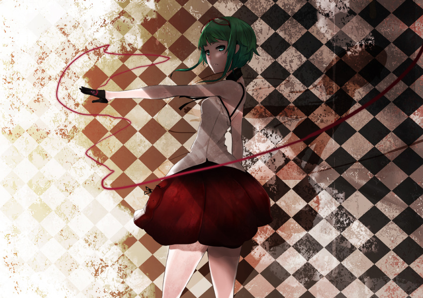glasses gloves green_eyes green_hair gumi mirre pantyhose red_string short_hair skirt solo uso_to_diamond_(vocaloid) vocaloid