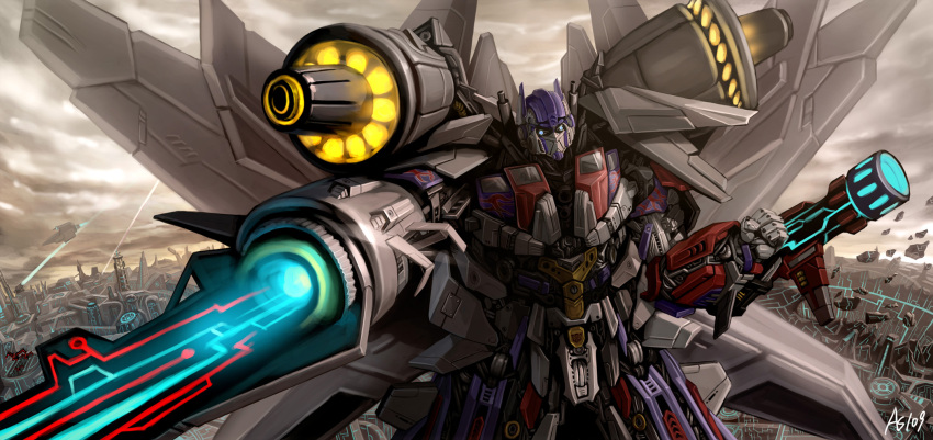 autobot blue_eyes cloud clouds cybertron dual_wielding flying fusion glowing glowing_eyes gun highres huge_weapon jetfire mecha optimus_prime robot science_fiction sky solo space_craft transformers weapon
