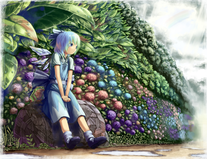 blue_eyes blue_hair bow cirno flower frog gradient_hair green_hair hair_bow hydrangea multicolored_hair puddle rainbow rock sitting sitting_on_object touhou v_arms wings