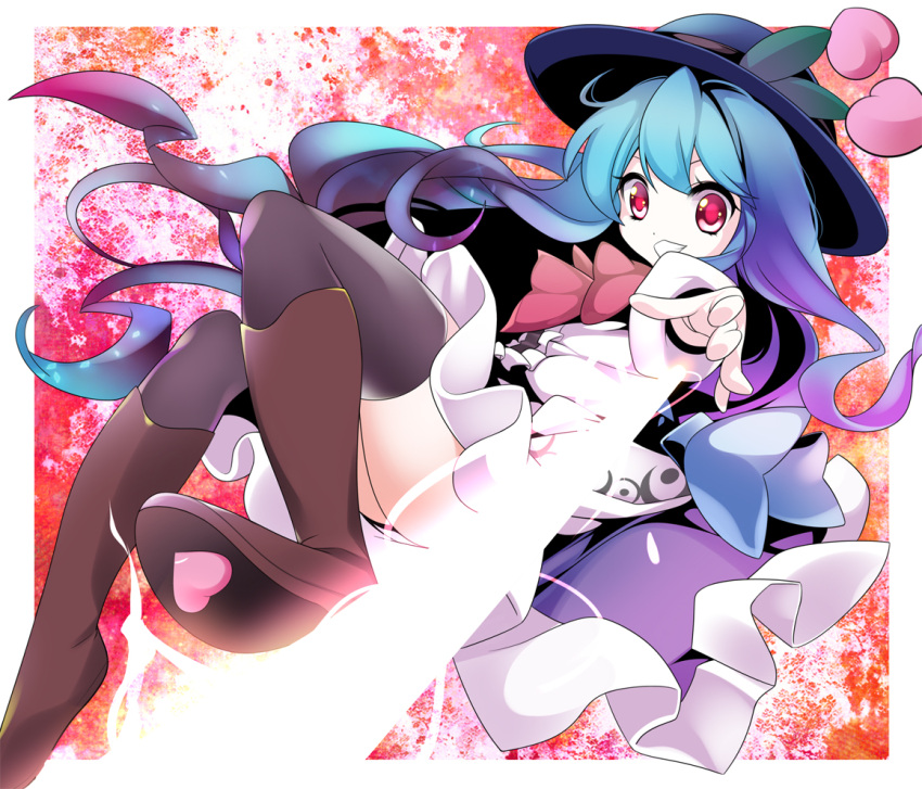 bad_id blue_hair food fruit hat hinanawi_tenshi long_hair peach red_eyes solo sword sword_of_hisou thigh-highs thighhighs touhou weapon