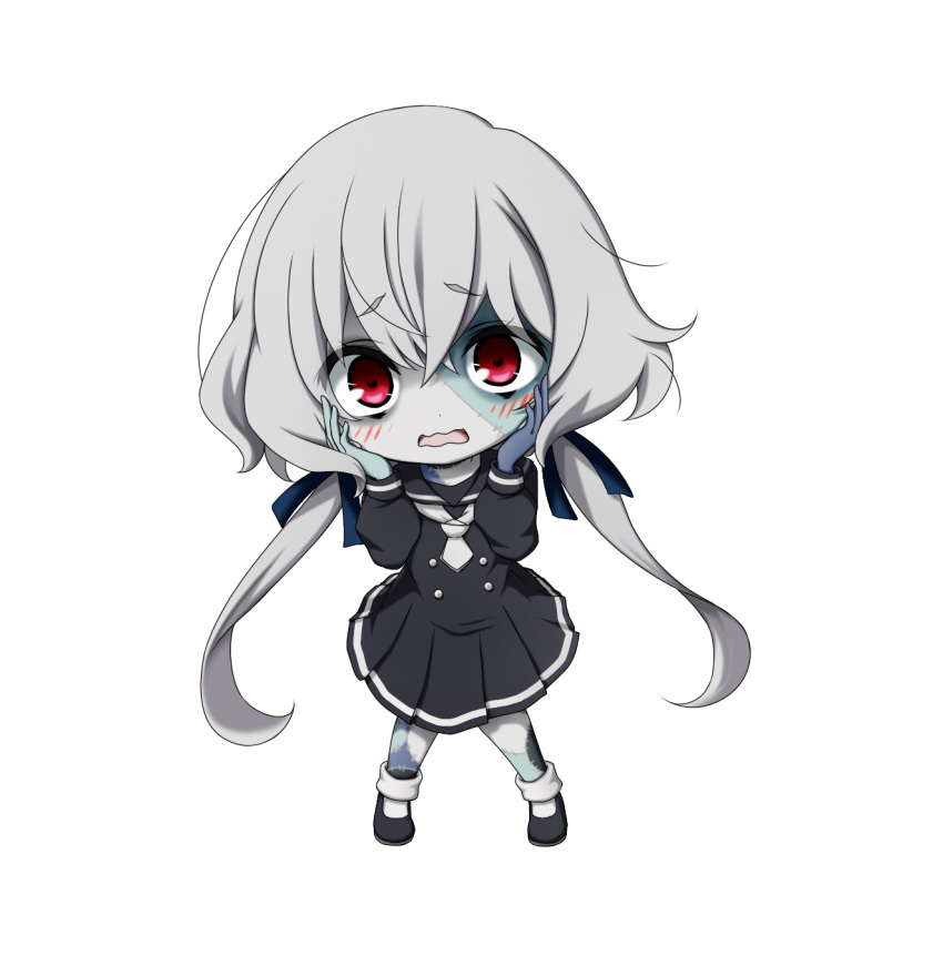 1girl bangs black_dress black_footwear black_sailor_collar blue_ribbon blush bobby_socks chibi commentary_request dress eyebrows_visible_through_hair full_body grey_hair grey_legwear hair_between_eyes hair_ribbon hands_on_own_cheeks hands_on_own_face hands_up highres konno_junko kuena long_hair looking_at_viewer low_twintails open_mouth pleated_dress red_eyes ribbon sailor_collar sailor_dress shoes simple_background socks solo standing stitches twintails very_long_hair wavy_mouth white_background zombie zombie_land_saga