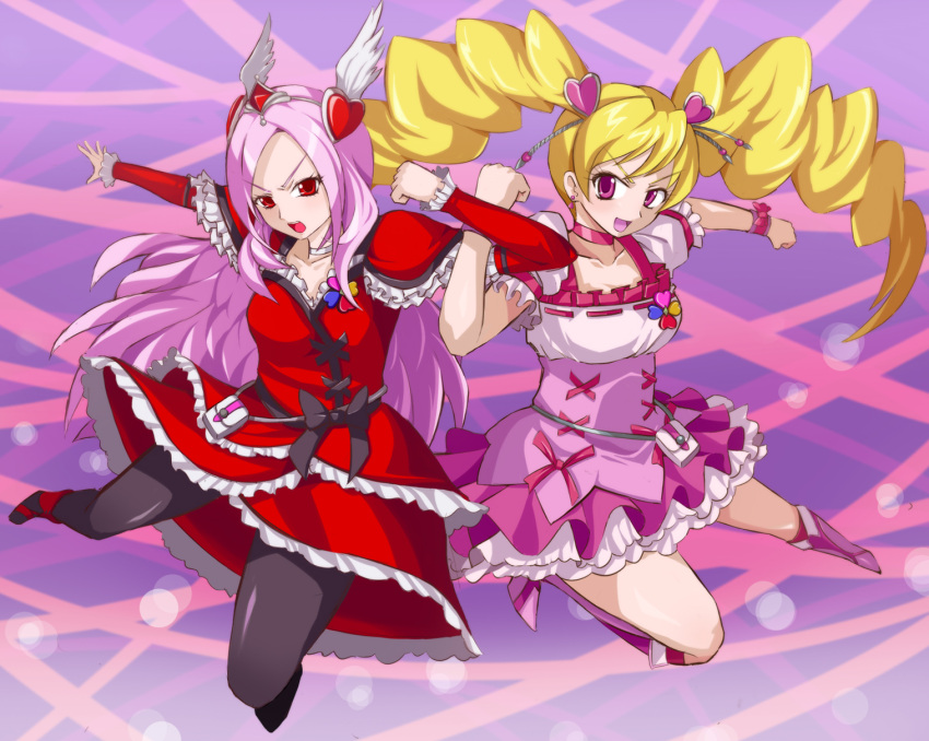 arms_locked blonde_hair boots bow breasts choker cure_passion cure_peach dress fresh_precure! hair_ornament head_wings heart higashi_setsuna highres ishida_baru locked_arms long_hair magical_girl momozono_love multiple_girls pantyhose pink_eyes pink_hair pouch precure red_eyes tiara twintails very_long_hair wrist_cuffs
