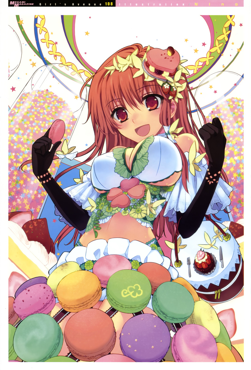 absurdres artist_request breasts cake candy character_request cleavage elbow_gloves food food_as_clothes from_below girl's_avenue girl's_avenue gloves highres jar konpeitou long_hair looking_down macaron megami open_mouth red_eyes red_hair redhead series_request