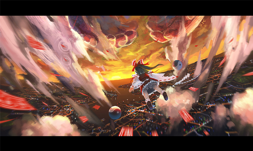 bad_id bow brown_hair cloud clouds contemporary detached_sleeves flying hair_bow hakurei_reimu hands letterboxed ofuda seeker short_hair sky solo sunset touhou unzan yin_yang