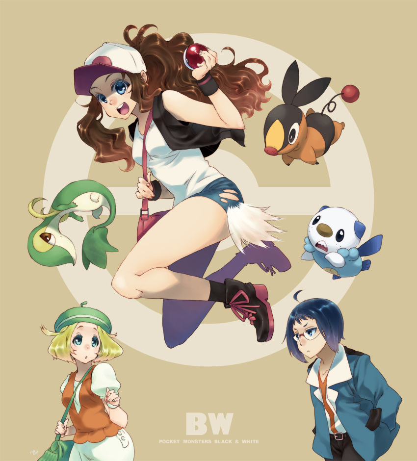 1boy 2girls ahoge bag bel_(pokemon) bell_(pokemon) belt black_eyes blazer blonde_hair blue_eyes boots brown_eyes brown_hair cheren_(pokemon) curly_hair denim denim_shorts frown glasses green_eyes hand_in_pocket hat highres long_hair messenger_bag multiple_girls open_mouth oshawott pants poke_ball pokemon pokemon_(game) pokemon_black_and_white pokemon_bw ponytail short_hair short_shorts shorts skirt smile snivy socks takanashi_ringo tepig torn_clothes touko_(pokemon) vest wristband