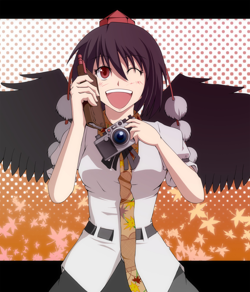 breasts camera hat highres letterboxed mechanical_pencil notebook open_mouth pencil red_eyes s-syogo shameimaru_aya short_hair smile solo tokin_hat touhou wings wink