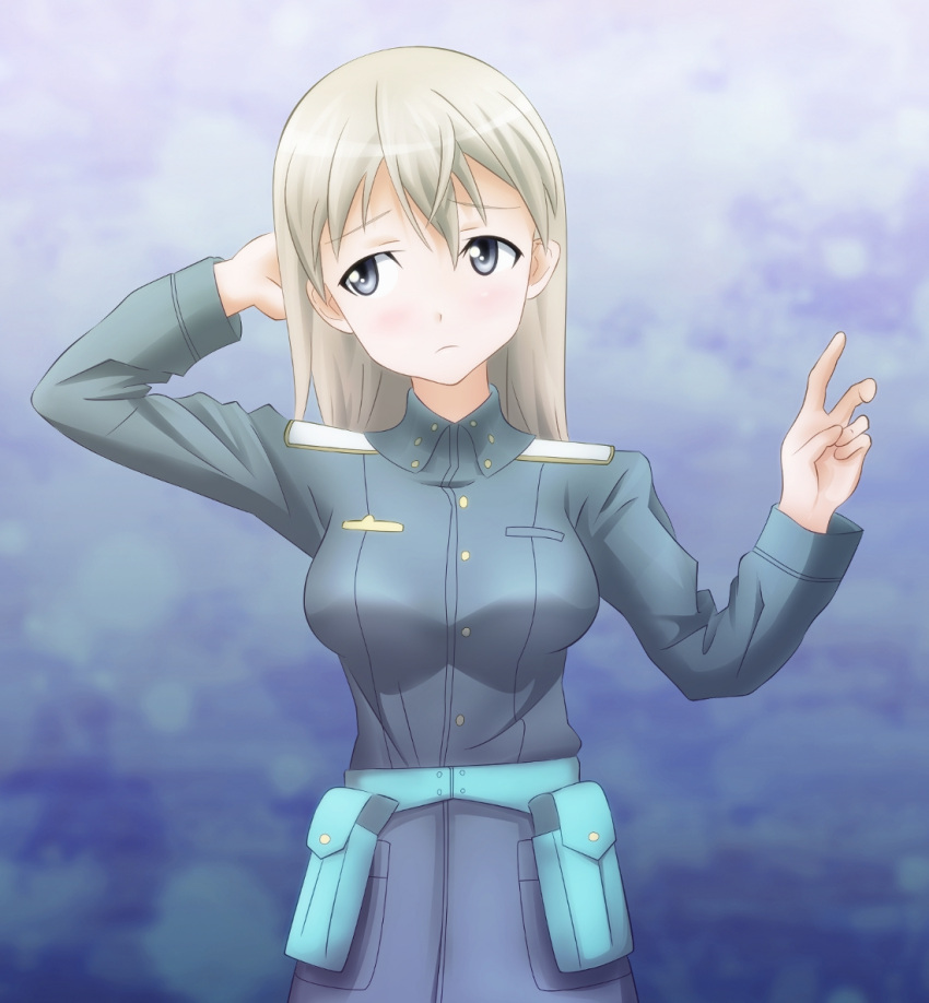 blue_eyes breasts eila_ilmatar_juutilainen hand_behind_head highres large_breasts long_hair military military_uniform pouch solo soloniel strike_witches uniform
