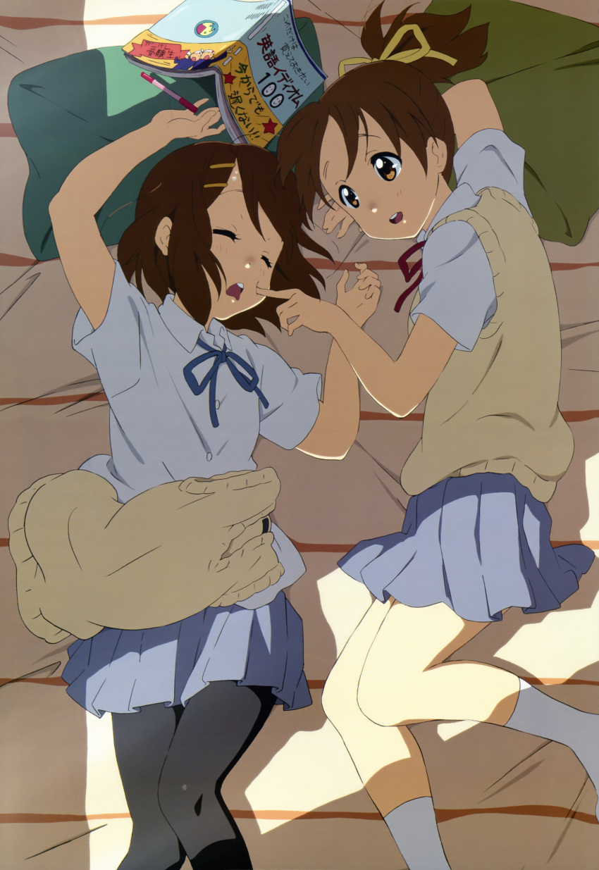 absurdres book brown_eyes brown_hair closed_eyes hair_ribbon highres hirasawa_ui hirasawa_yui k-on! lying multiple_girls nyantype official_art on_back open_mouth pantyhose pillow poking ribbon school_uniform short_hair siblings sisters sleeping socks