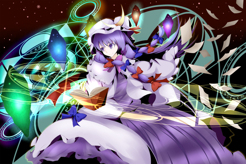 book crescent crescent_moon crystal hair_ribbon hat highres long_hair magic_circle nshekp patchouli_knowledge purple_eyes purple_hair ribbon touhou violet_eyes