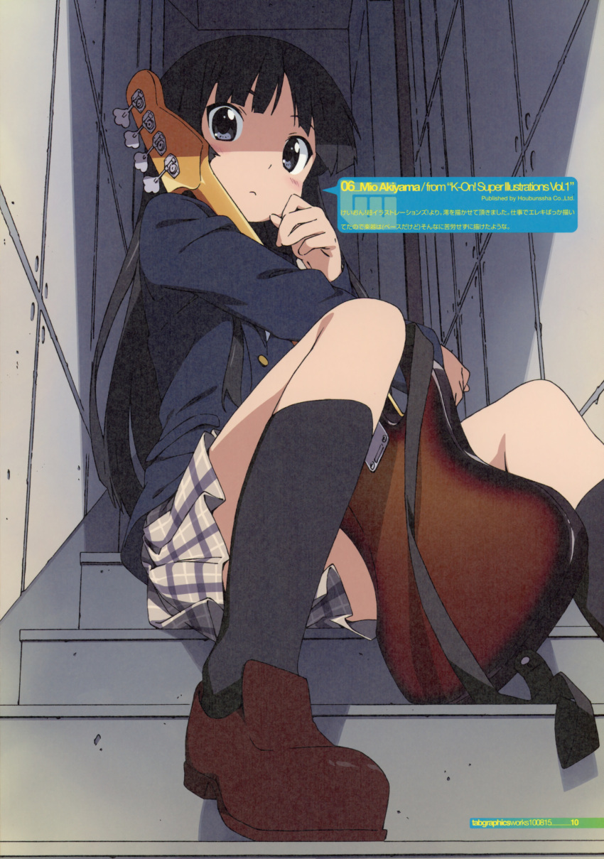 akiyama_mio bangs bass_guitar black_hair black_kneehighs black_legwear blazer blue_eyes blunt_bangs blush from_below highres hime_cut instrument k-on! kanzaki_hiro kneehighs long_hair looking_at_viewer looking_down plaid plaid_skirt scan school_uniform sitting skirt socks solo stairs stare tabgraphics