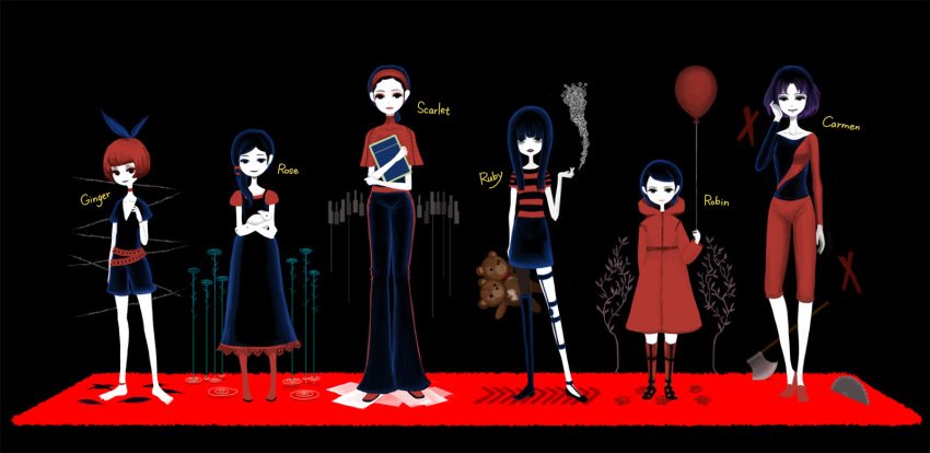 albino axe balloon barbed_wire belt black_hair boots bow bunny carmen_(the_path) choker cigarette collar dress ginger_(the_path) gothic hair_bow hairband highres little_red_riding_hood multiple_girls multiple_heads nona_drops pale_skin paper paw_print piano_keys rabbit red_hair redhead robin_(the_path) rose_(the_path) ruby_(the_path) sawblade scarlet_(the_path) short_hair siblings single_thighhigh sisters skirt smile smoke spoilers stuffed_animal stuffed_toy teddy_bear the_path thigh-highs thighhighs tread_marks treadmarks weapon