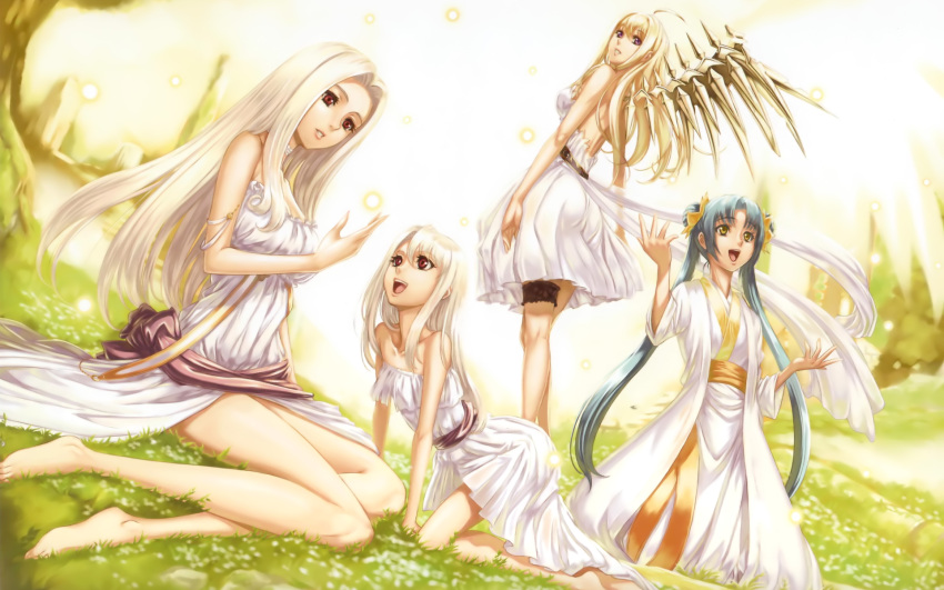 anna barefoot blonde_hair blue_hair carnevale_della_luce_della_luna crossover dress fate/stay_night group illyasviel_von_einzbern irisviel_von_einzbern kikokugai long_hair red_eyes ribbons ruili twintails violet_eyes white_hair wings yellow_eyes