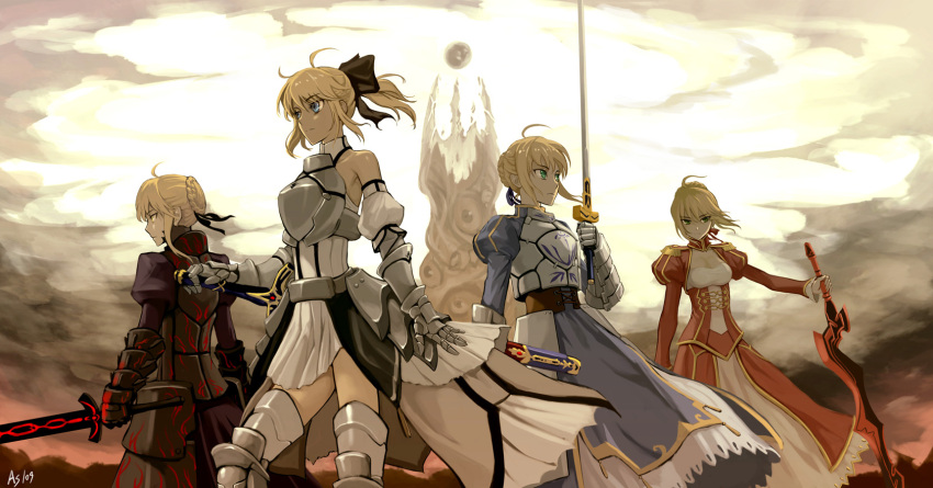ahoge armor armored_dress as109 bare_shoulders blonde_hair blue_eyes bow caliburn dark_excalibur detached_sleeves dress epaulettes excalibur fate/extra fate/stay_night fate/unlimited_codes fate_(series) gauntlets greaves hair_ribbon highres multiple_girls multiple_persona planted_sword planted_weapon ribbon saber saber_alter saber_extra saber_lily signature sword thigh-highs thighhighs tower type-moon weapon