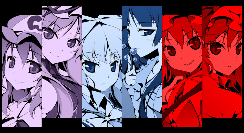 bow branch column_lineup face fang flandre_scarlet fujiwara_no_mokou hair_bow hat houraisan_kaguya jeweled_branch_of_hourai monochrome multiple_monochrome reina_(black_spider) remilia_scarlet saigyouji_yuyuko slit_pupils smile tareme touhou tsurime yakumo_yukari