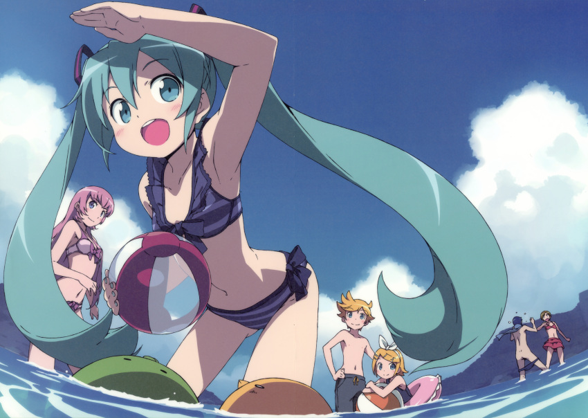 absurdres armpits ball beach beachball bikini bow crease everyone hair_ribbon hatsune_miku highres innertube kagamine_len kagamine_rin kaito kanzaki_hiro megurine_luka meiko navel ocean open_mouth ribbon scan school_swimsuit shorts smile speedo striped striped_bikini striped_swimsuit swim_trunks swimsuit tabgraphics twintails vocaloid wading