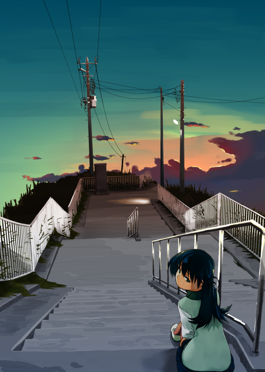 genmai-doublevision green_eyes highres long_hair looking_back original power_lines scenery sitting sitting_on_stairs solo stairs turtleneck