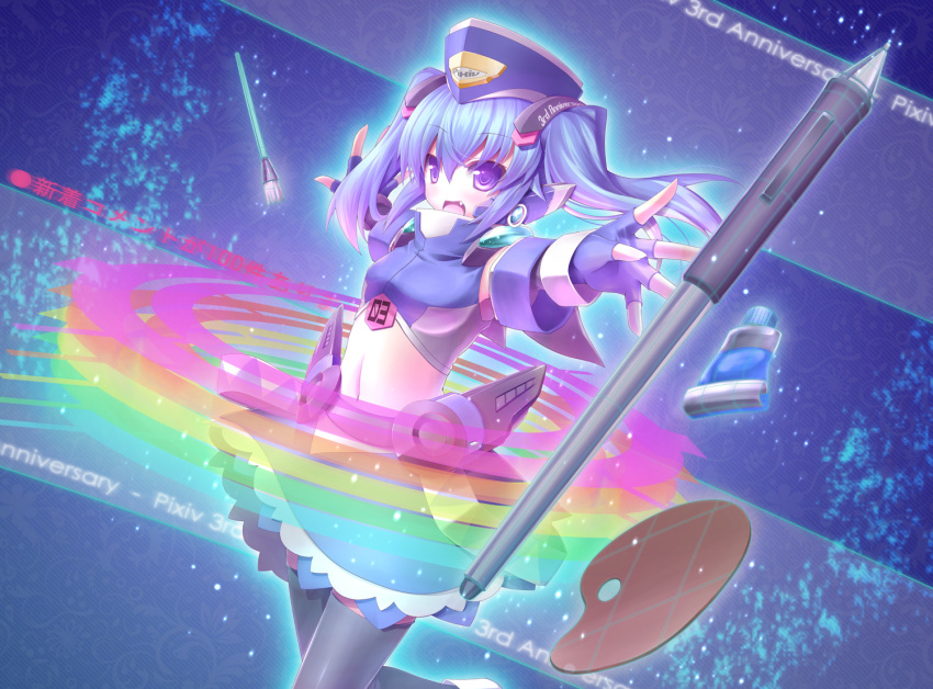 1girl blue_background blue_hair fang fingerless_gloves gloves hat midriff paintbrush palette pen pixiv pixiv-tan purple_eyes rainbow solo thighhighs twintails yosugara_shou