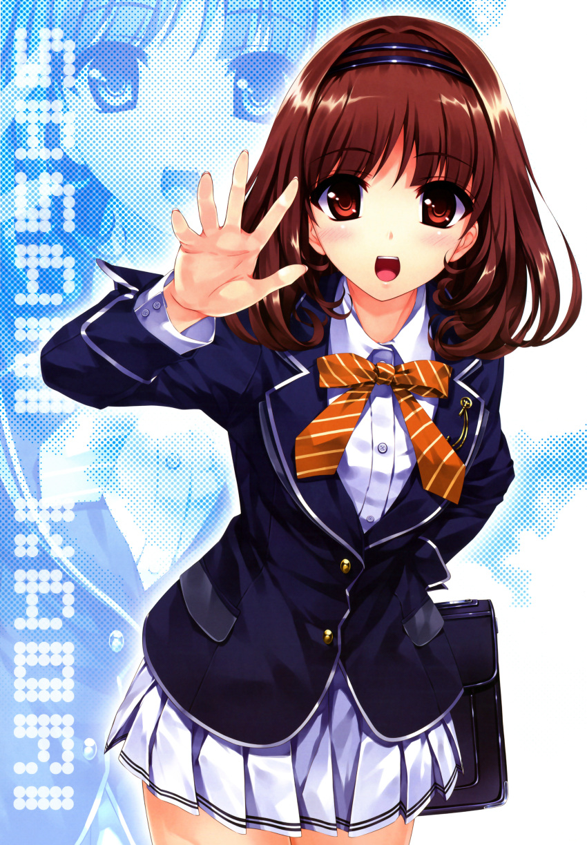 blush brown_hair character_request fingernails foreshortening hairband hands highres long_hair misaki_kurehito open_mouth outstretched_hand red_eyes sasaki_kaori school_uniform skirt solo ushinawareta_mirai_wo_motomete zoom_layer