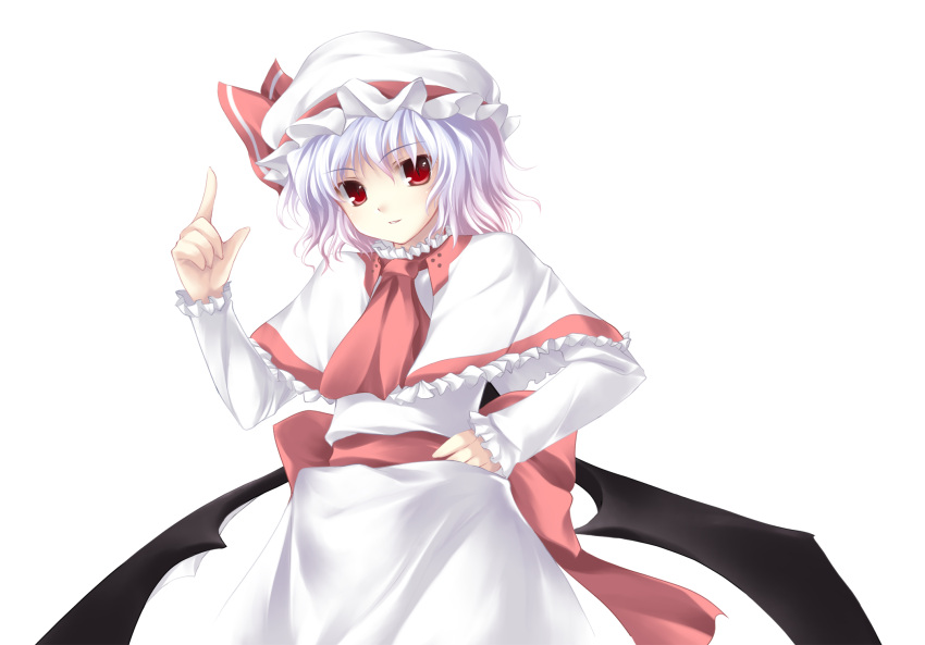 bat_wings hand_on_hip hat highres index_finger_raised lavender_hair looking_at_viewer low_wings pointing pointing_up red_eyes remilia_scarlet short_hair simple_background slit_pupils solo tateha_(artist) touhou white wings