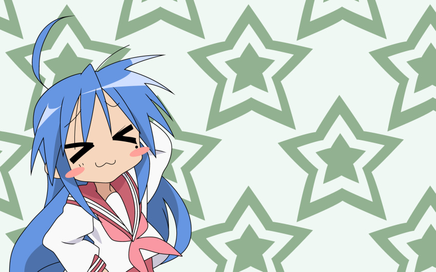 &gt;_&lt; 1girl blue_hair closed_eyes izumi_konata lucky_star seifuku solo stars