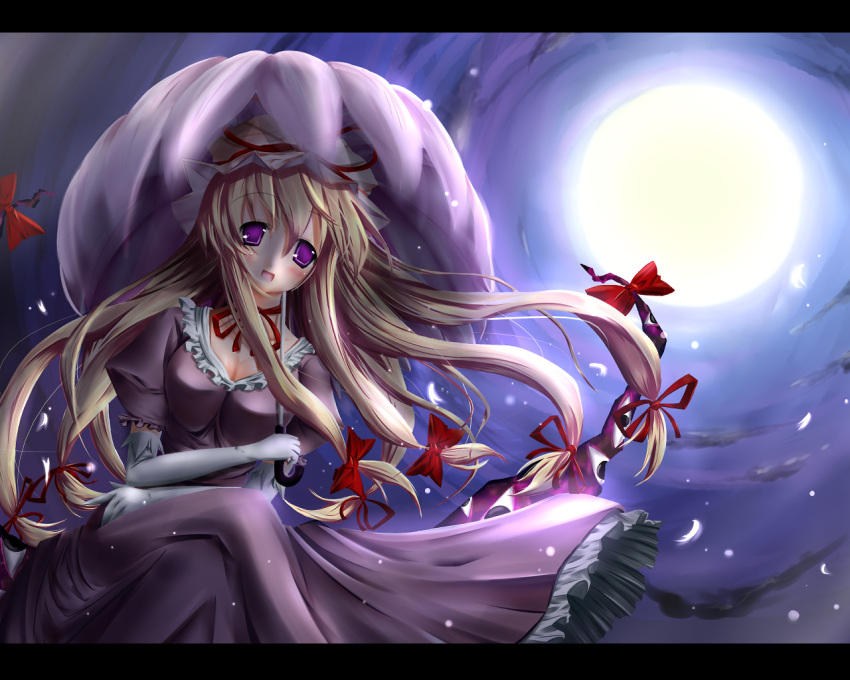 breasts cleavage elbow_gloves gloves long_hair moon parasol purple_eyes ribbon scarlet_(studioscr) touhou umbrella wallpaper yakumo_yukari