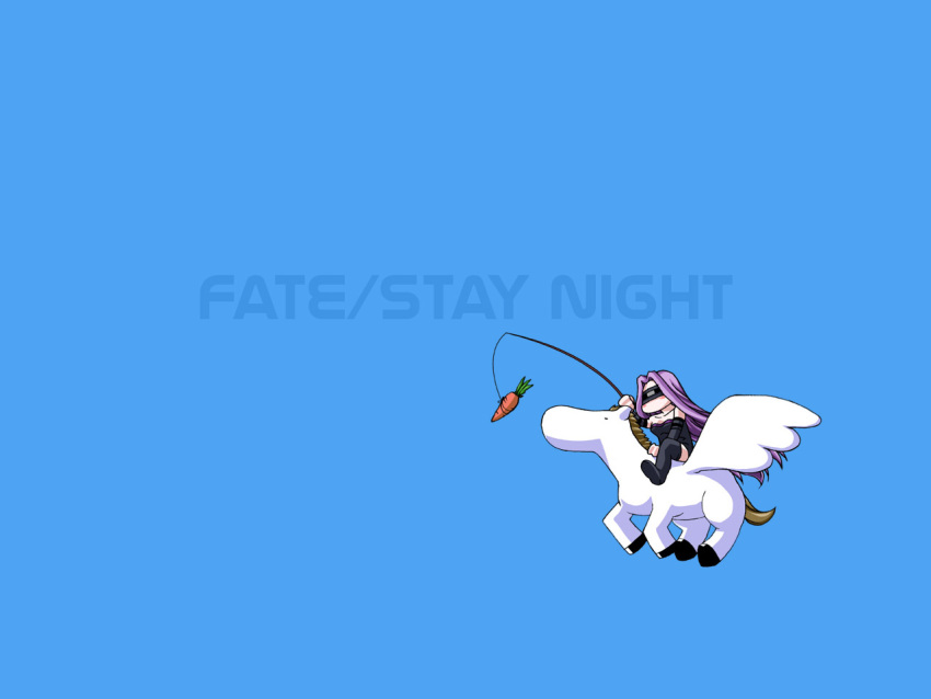 carrot chibi fate/stay_night fate_(series) horse parody pegasus purple_hair rider riding simple_background solo thighhighs wallpaper