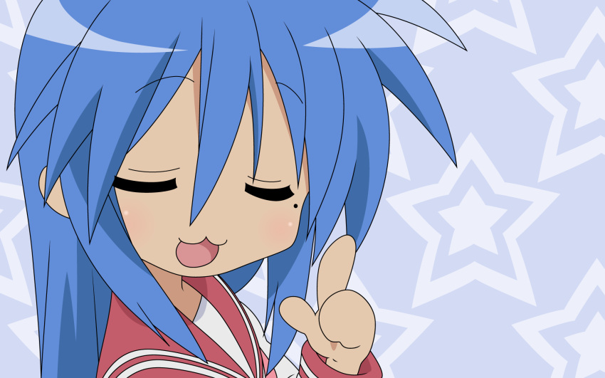 1girl blue_hair closed_eyes izumi_konata lucky_star open_mouth seifuku solo stars