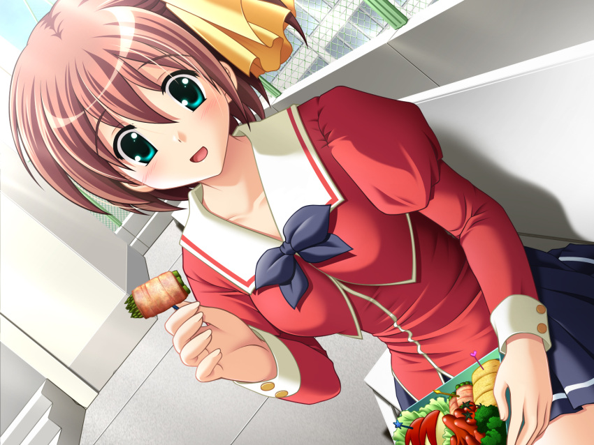 blush brown_hair food koiq ribbons seifuku short_hair skirt