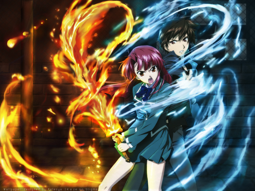 fighting_stance fire highres kannagi_ayano kaze_no_stigma open_mouth red_hair school_uniform skirt sword wallpaper weapon wind yagami_kazuma