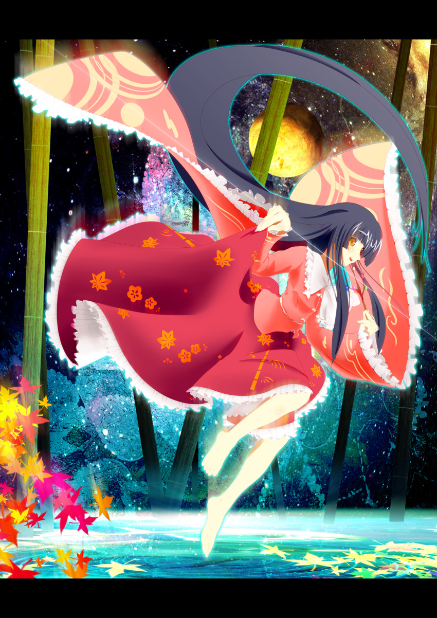 bad_id bamboo bamboo_forest barefoot black_hair branch cuuri dress forest full_moon highres houraisan_kaguya japanese_clothes jeweled_branch_of_hourai letterboxed long_hair moon nature night solo star touhou very_long_hair water yellow_eyes