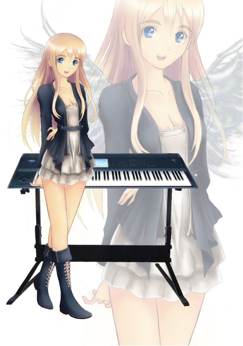 blue_eyes casual highres instrument k-on! kotobuki_tsumugi long_hair solo synthesizer wings yue_shu_ya zoom_layer