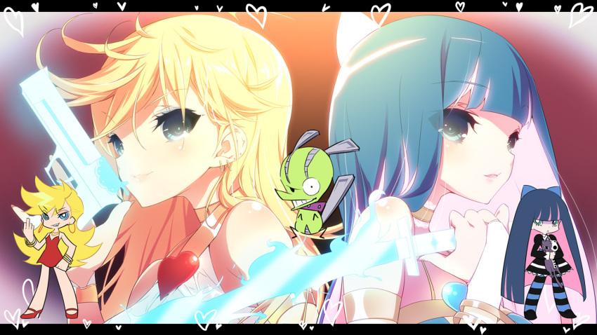 blonde_hair blue_eyes blue_hair bow bridal_gauntlets chuck chuck_(psg) earrings gun hair_bow jewelry letterboxed long_hair middle_finger panty_&amp;_stocking_with_garterbelt panty_(character) panty_(psg) show_(artist) show_(rinnetenshow) stocking_(character) stocking_(psg) striped striped_legwear striped_thighhighs sword thigh-highs thighhighs weapon
