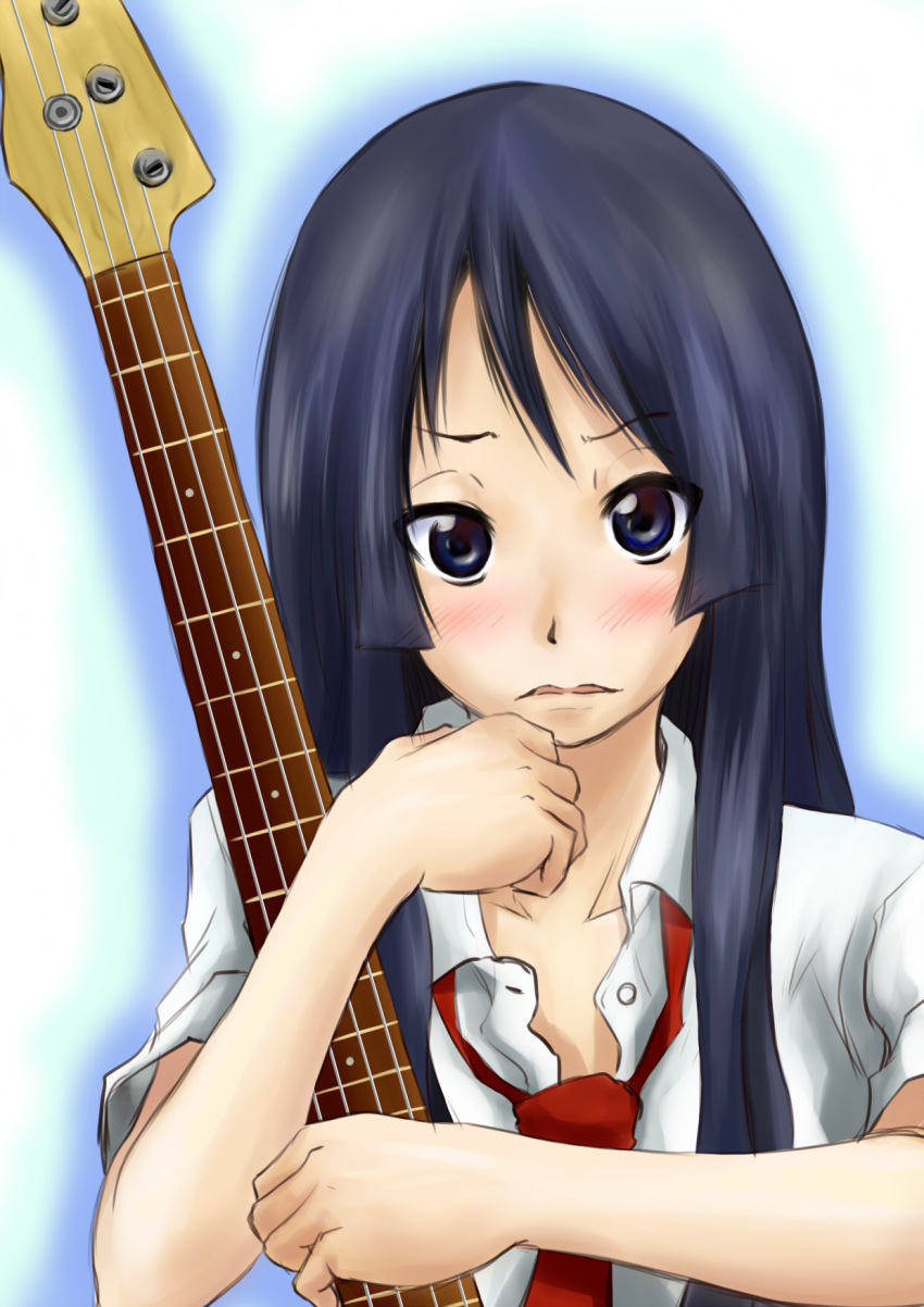 akiyama_mio bass_guitar black_eyes black_hair blush dokyuu_afro embarrassed frown highres hime_cut holding instrument k-on! long_hair necktie open_clothes open_shirt solo