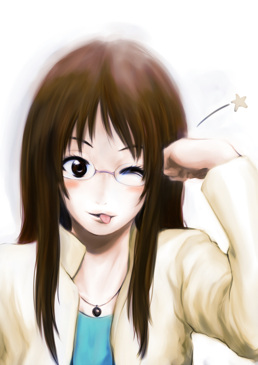 :p brown_eyes brown_hair dokyuu_afro glasses highres jewelry k-on! long_hair necklace smile solo star tongue wink yamanaka_sawako