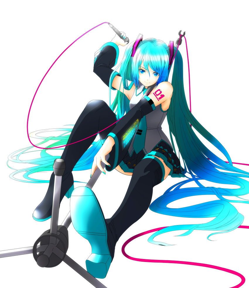 absurdres aqua_eyes aqua_hair cable detached_sleeves foreshortening hatsune_miku highres legs long_hair microphone microphone_stand nail_polish necktie skirt smile solo thigh-highs thighhighs twintails very_long_hair vocaloid
