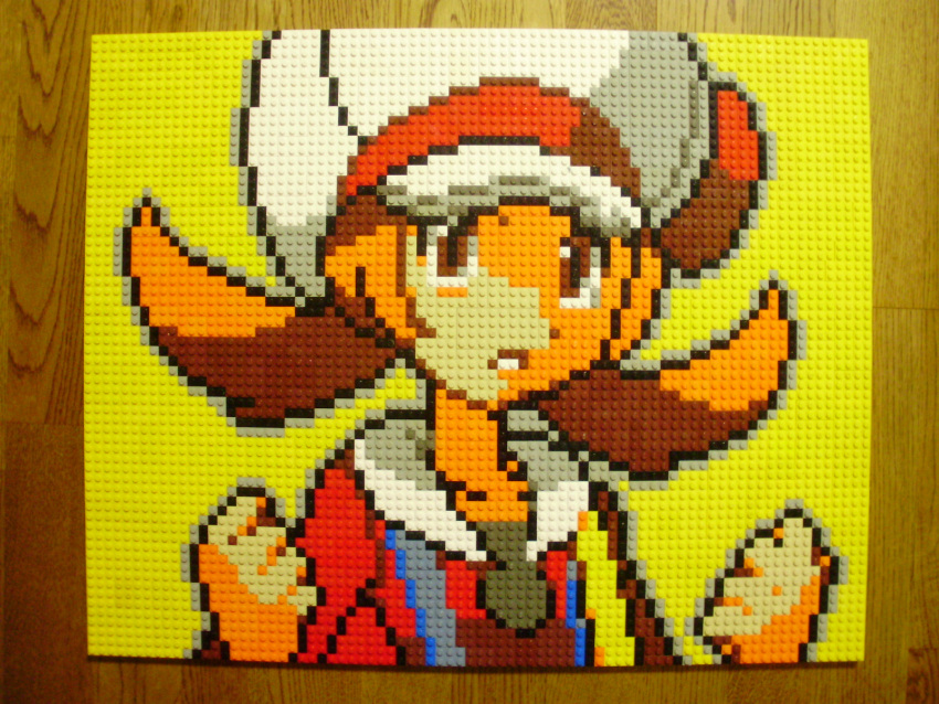 brown_eyes brown_hair cabbie_hat clenched_hands fist hat hat_ribbon highres kotone_(pokemon) lego photo pixel_art pokemon pokemon_(game) pokemon_gsc portrait red_ribbon ribbon twintails