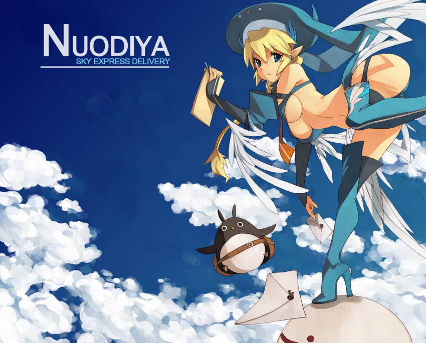 bird blonde_hair blue_eyes boots braid breasts cloud clouds earrings hat high_heels highres jewelry letter nail_polish original penguin penguin_caee pointy_ears shoes sky solo thigh-highs thigh_boots thighhighs under_boob underboob wings