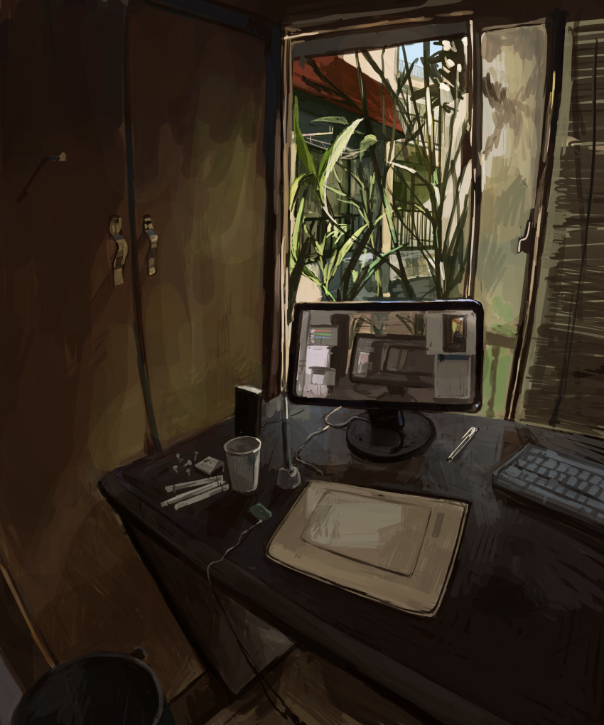 bamboo computer_keyboard denchou glass highres monitor no_humans pen recursion room sketch stylus table tablet window