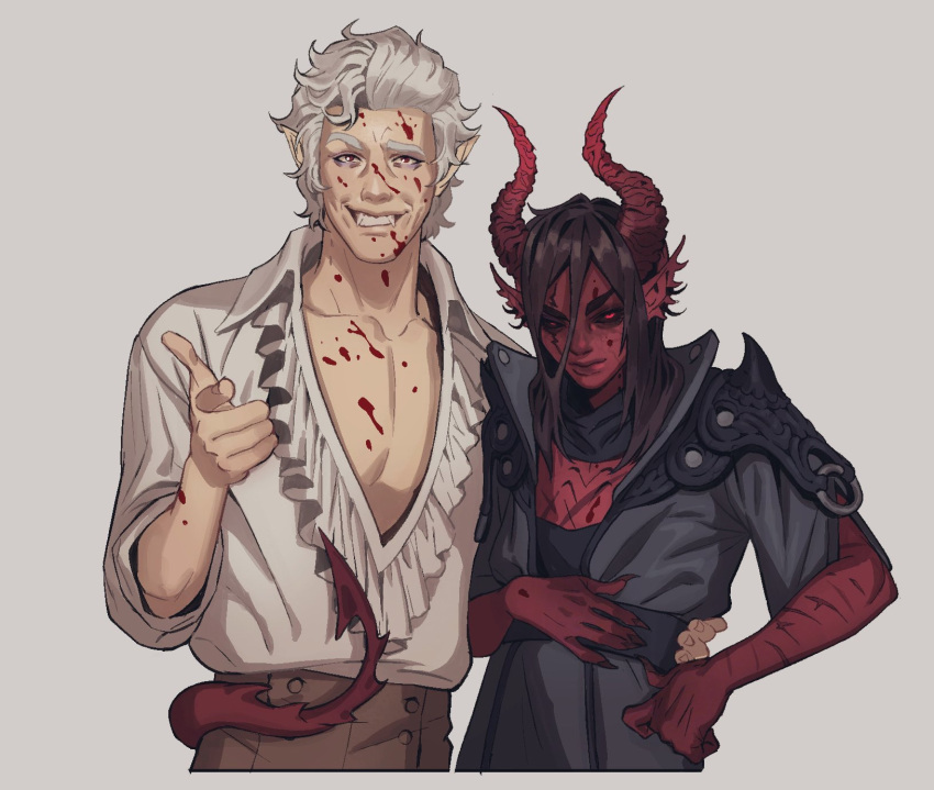 astarion baldur's_gate baldur's_gate_3 black_jacket black_sclera blood blood_on_clothes blood_on_face collared_shirt colored_sclera colored_skin demon_girl demon_tail dungeons_and_dragons highres horns jacket pointing pointing_at_viewer pointy_ears red_eyes red_skin shirt short_hair short_sleeves simple_background sweetlychii tail white_background white_shirt