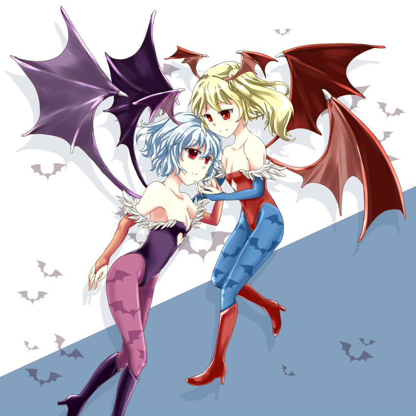 bare_shoulders bat_wings blonde_hair blue_hair blue_pantyhose capcom cosplay flandre_scarlet flat_chest head_wings highres lilith_aensland lilith_aensland_(cosplay) morrigan_aensland morrigan_aensland_(cosplay) multiple_girls pantyhose print_pantyhose purple_pantyhose red_eyes remilia_scarlet side_ponytail touhou vampire_(game) wings zatsumi