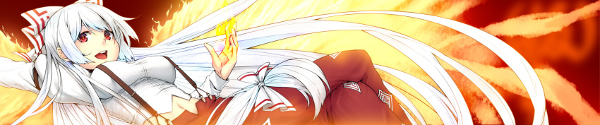 bow breasts crossed_legs fiery_wings fire fujiwara_no_mokou hair_bow hair_ribbon hands highres hiroya_juuren large_bow long_hair long_image midriff navel open_mouth pants red_eyes ribbon silver_hair sitting smile solo suspenders symbol-shaped_pupils taut_shirt touhou very_long_hair white_hair wide_image wings