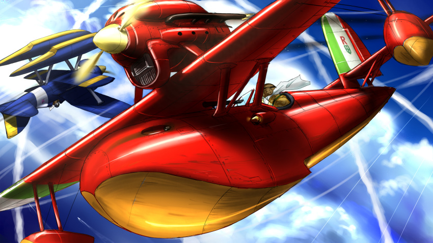 airplane battle curtiss_r3c-0 donald_curtis flying flying_boat highres inyu inyucchi kurenai_no_buta porco_rosso_(character) propeller savoia_s.21 seaplane sky