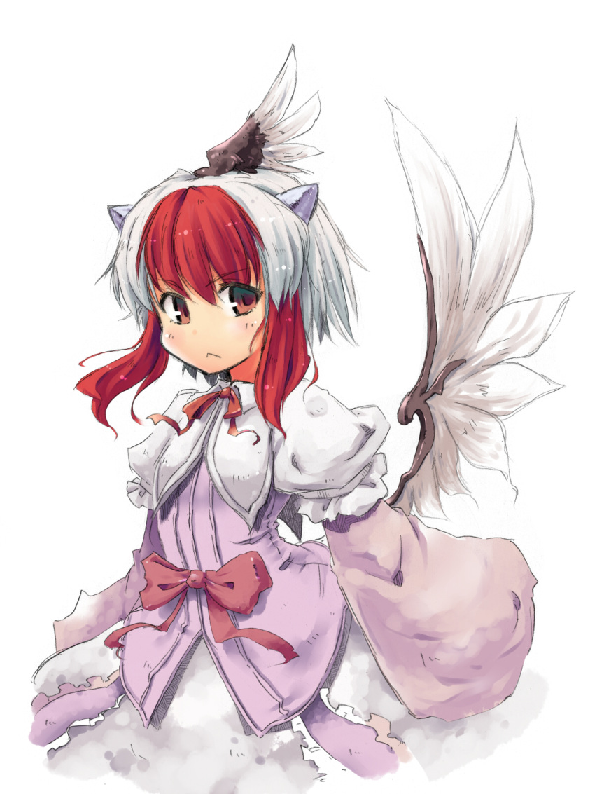 alternate_color alternate_hair_color dress frown head_wings highres horns kome_kuma multicolored_hair okome_(kome_kuma) red_eyes red_hair short_hair simple_background solo stare tokiko_(touhou) touhou two-tone_hair white_hair wings